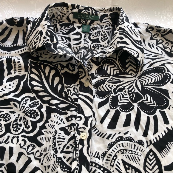 Lauren Ralph Lauren Women’s Black/White Floral Blouse Size L Button-Up Collared - Picture 10 of 16
